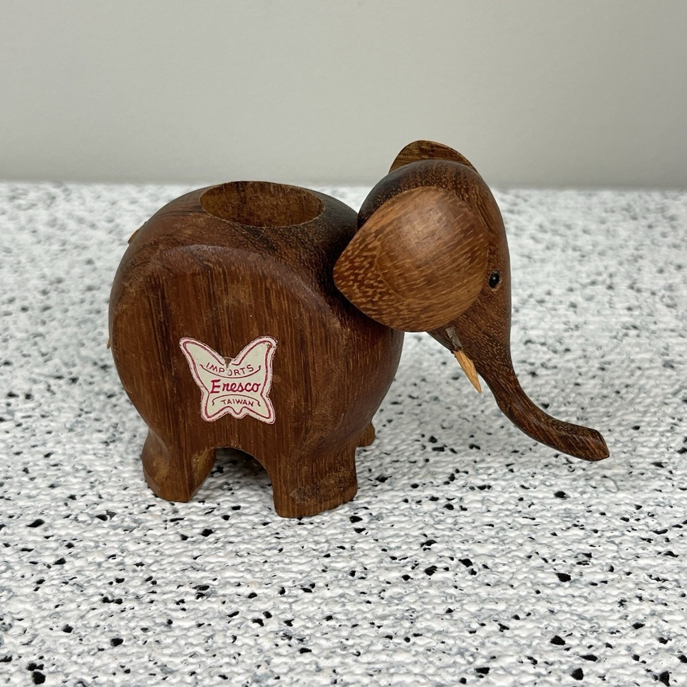 Enesco Wooden Elephant Figurine Toothpick Holder Vintage MCM Danish Teak
